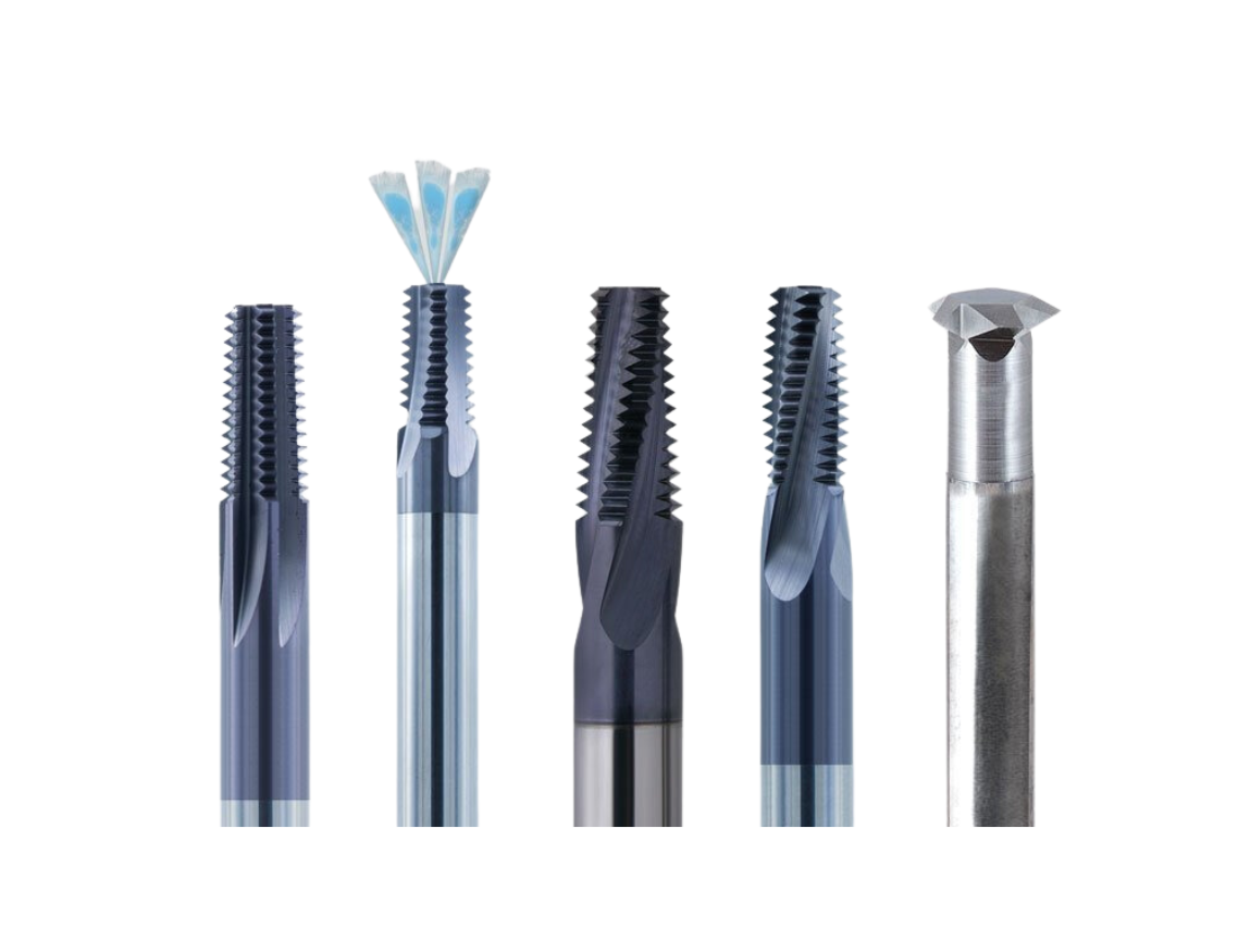 A group of different types of drill bits on a white background.