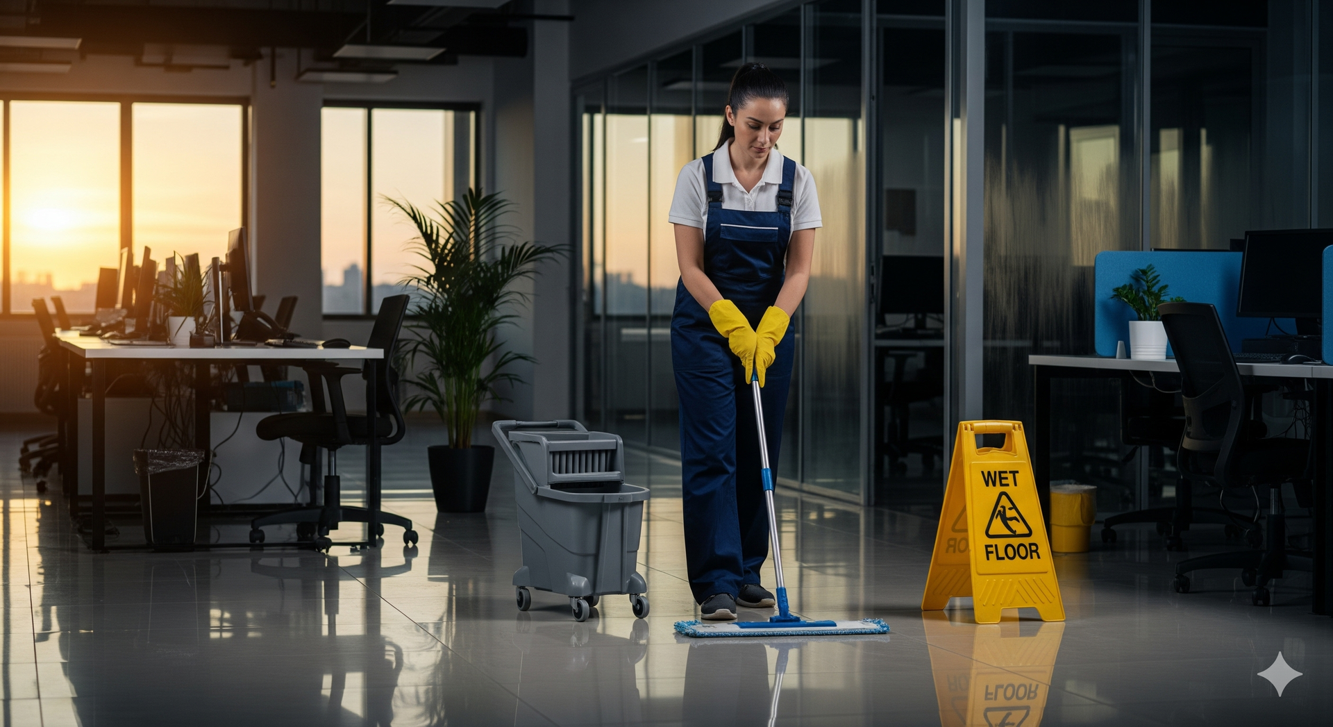 Clean workspace promoting employee health with organized desks and sanitized office environment