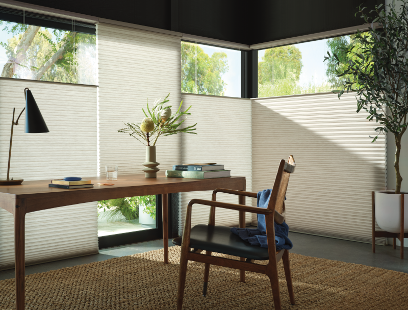 Hunter Douglas Duette® Cellular Shades with the Top-Down/Bottom-Up system in a serene home office