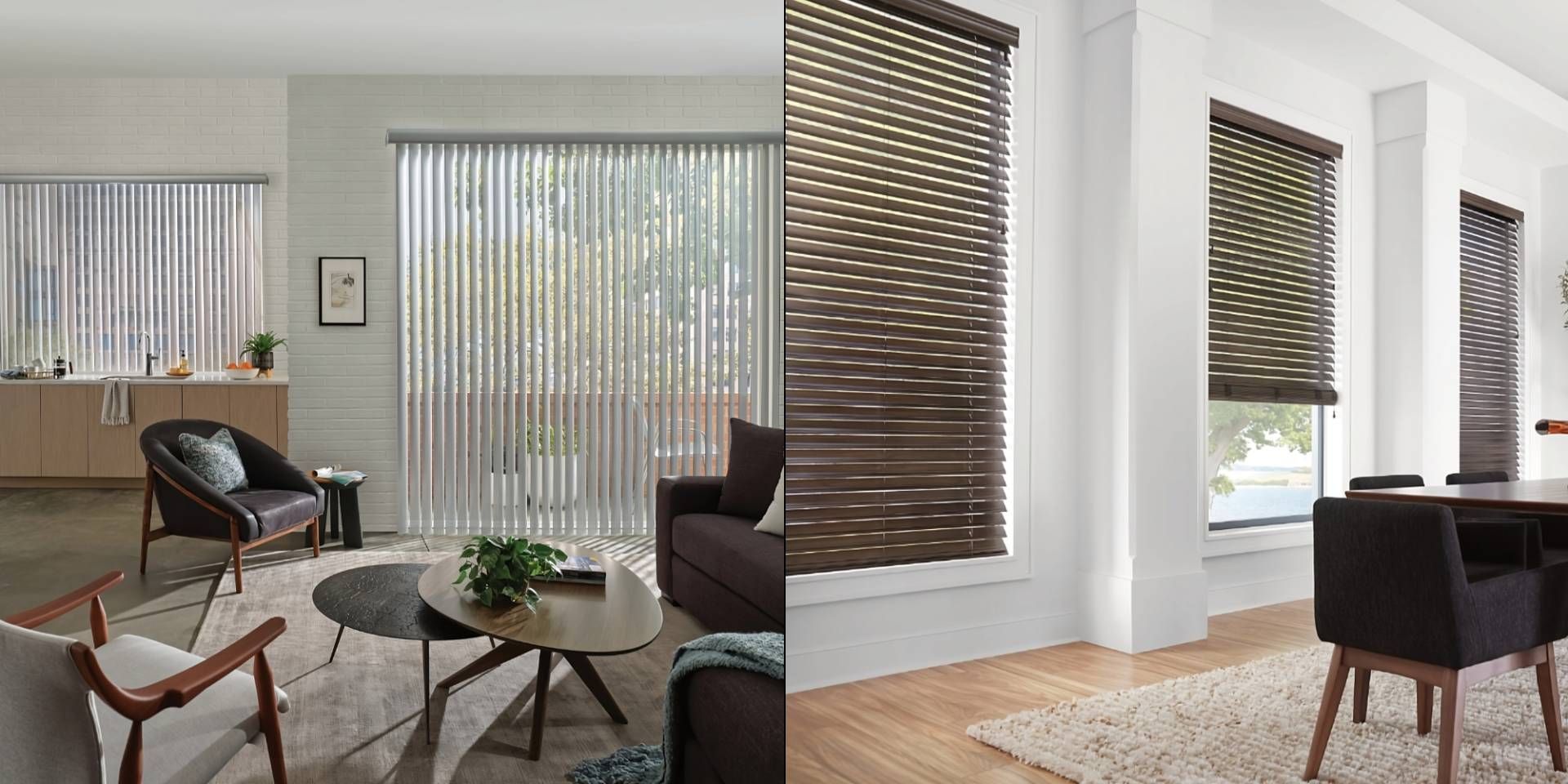  A side-by-side image comparing Hunter Douglas vertical versus horizontal blinds in residential home