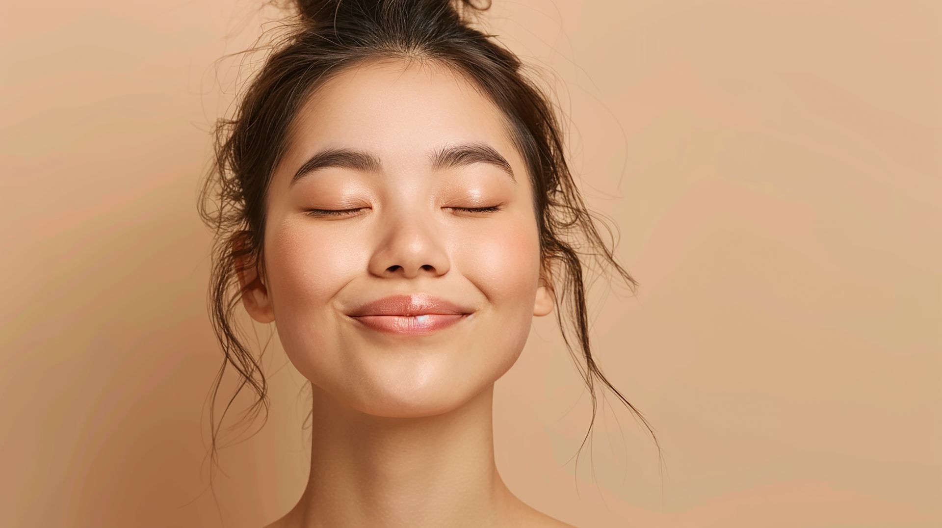 The woman is smiling with her eyes closed and her hair in a bun.