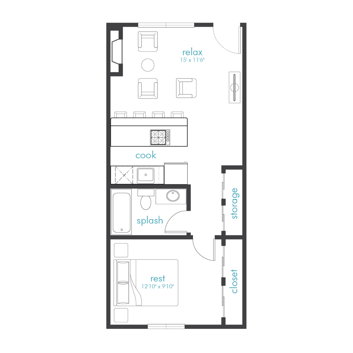 1 Bed 1 Bath Floor Plan