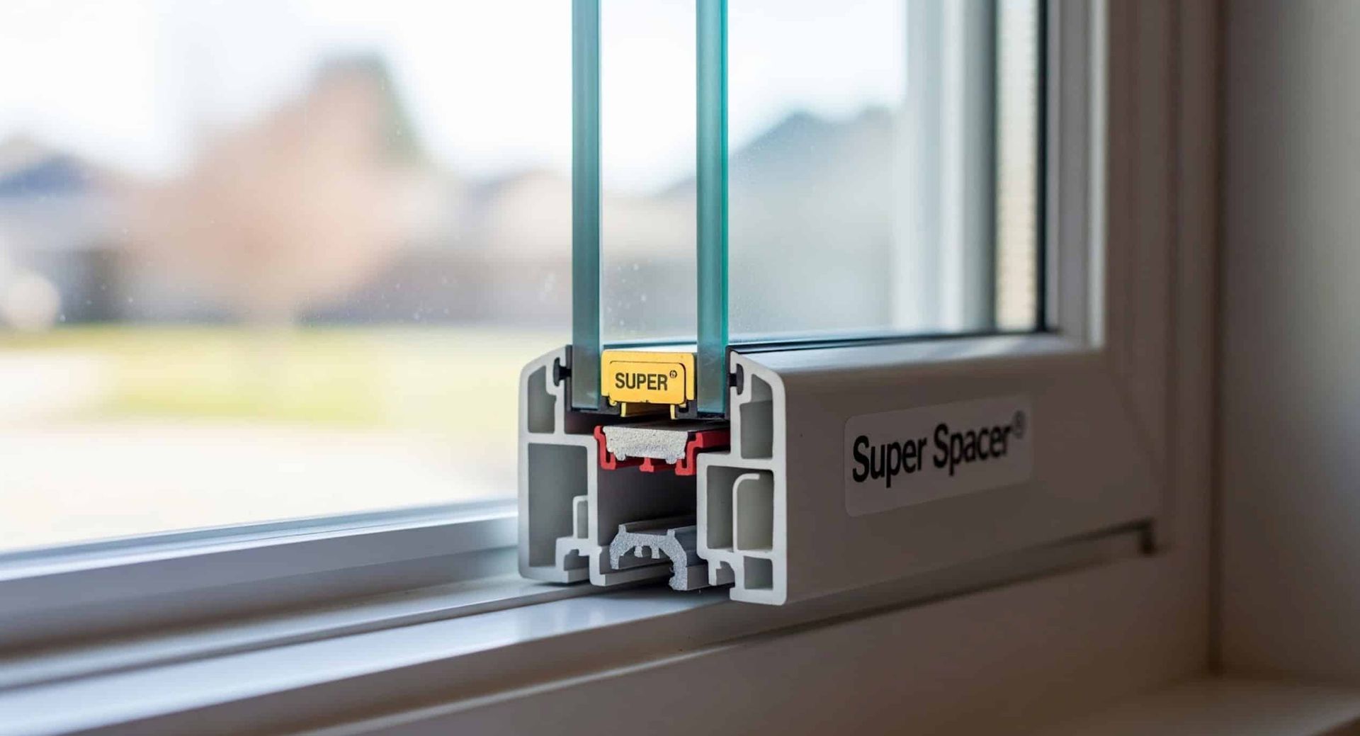 A close-up view of a window frame reveals the intricate details of a window spacer system.