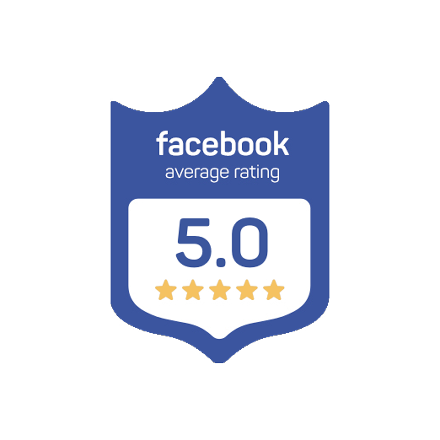 A facebook average rating of 5.0 stars is shown on a blue shield.
