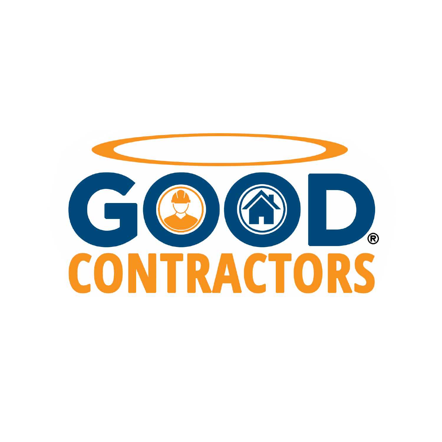 The logo for good contractors is blue and orange with an angel.
