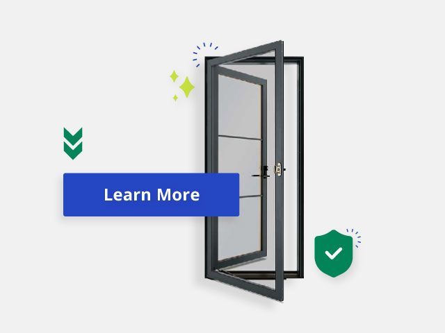 A picture of an open door with a blue learn more button.