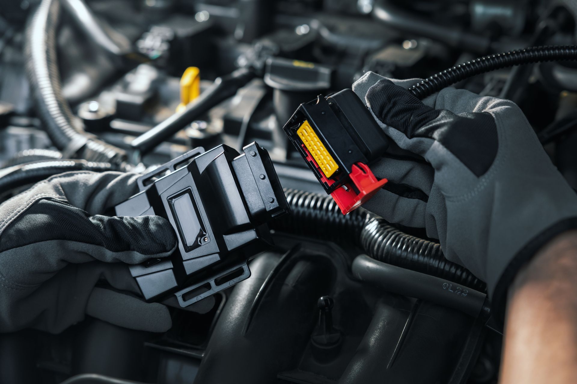 Gloved hands connecting black electrical connectors in a car engine bay, with red and yellow accents.