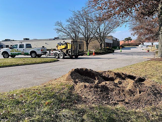A truck is driving down a street next to a tree stump.
