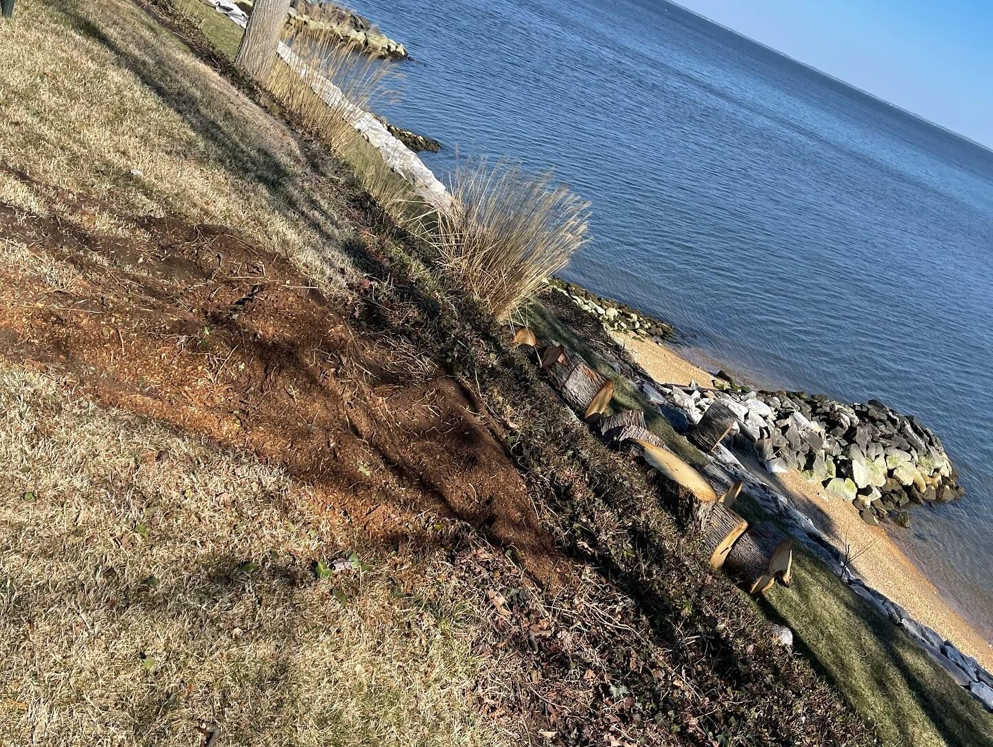 A slope next to a body of water with a lot of grass and rocks.