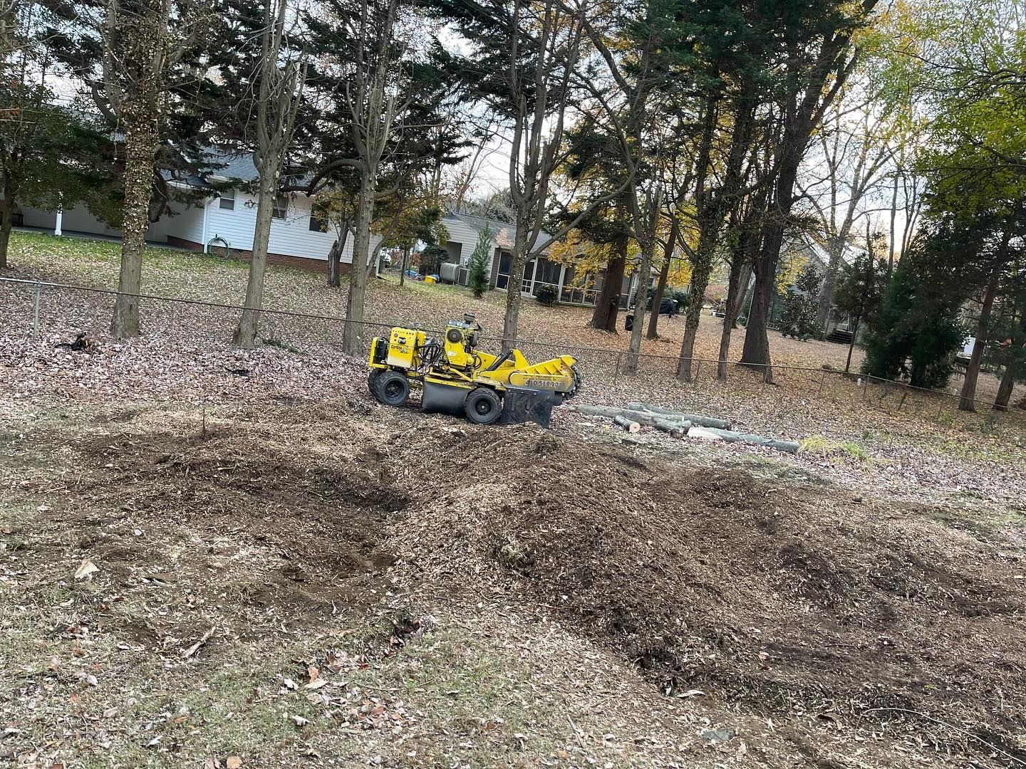 A yellow tractor is driving through a field of leaves.