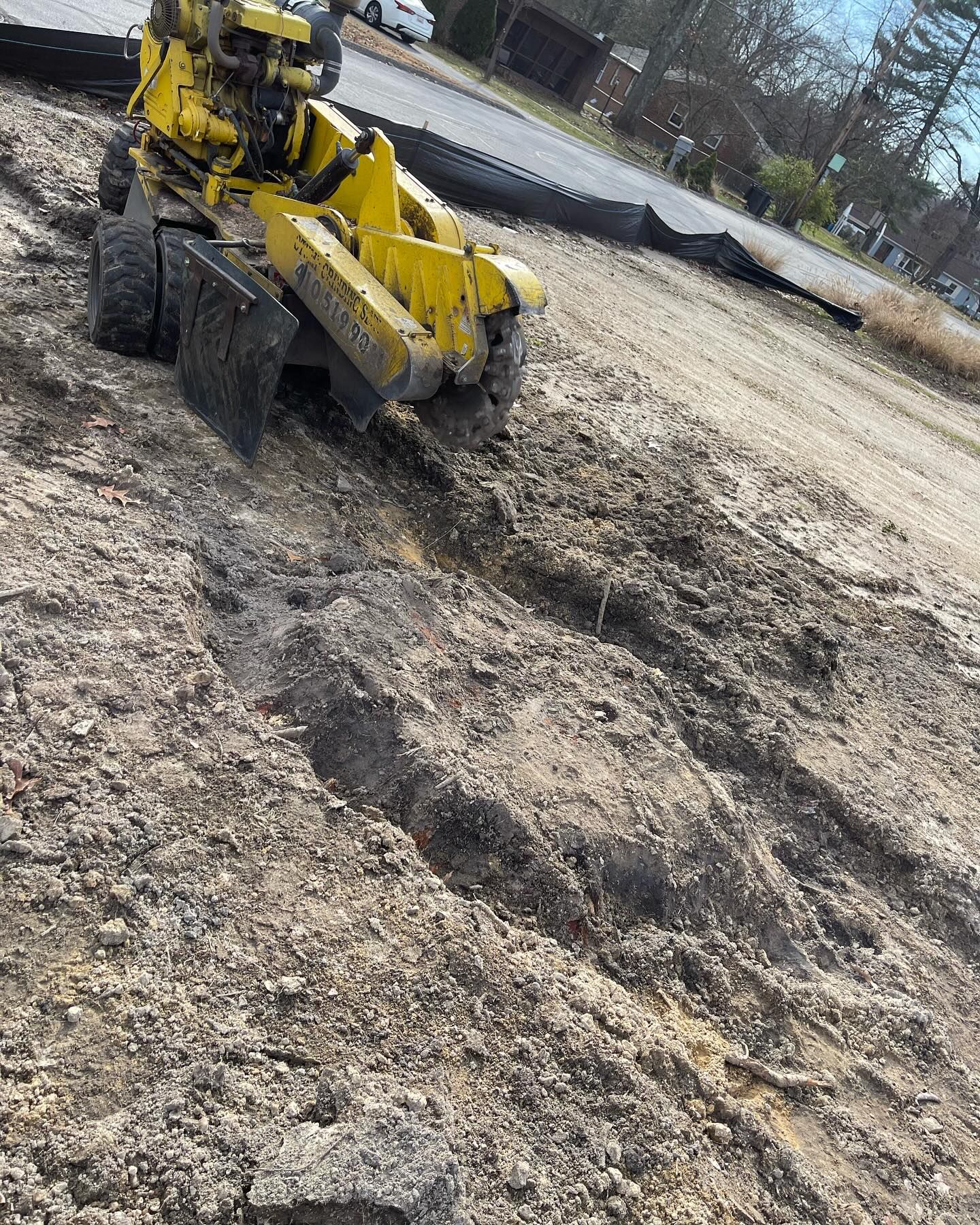 A yellow stump grinder is cutting a tree stump in the dirt.