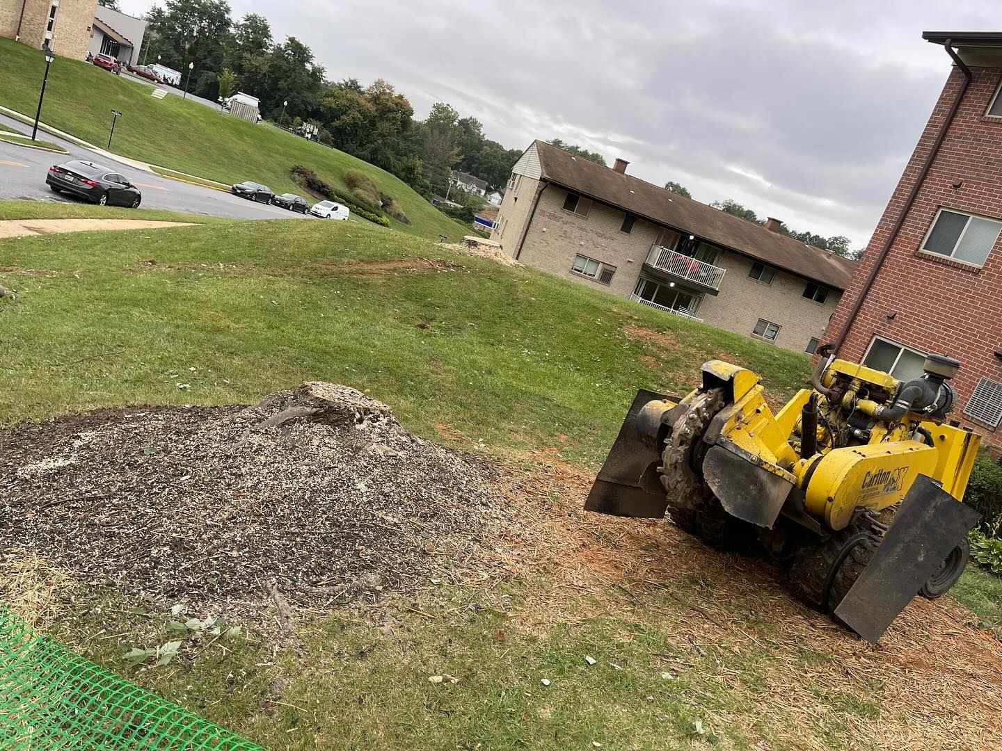 A yellow tractor is cutting a tree stump in a grassy field.