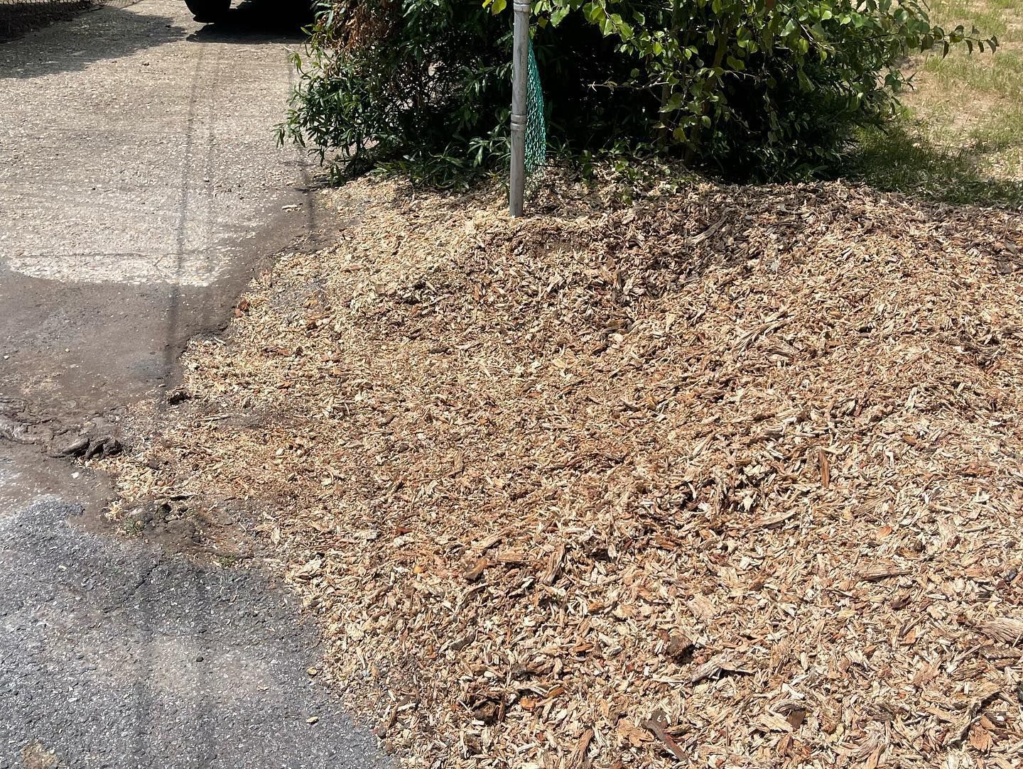 A pile of wood chips is sitting on the ground next to a road.
