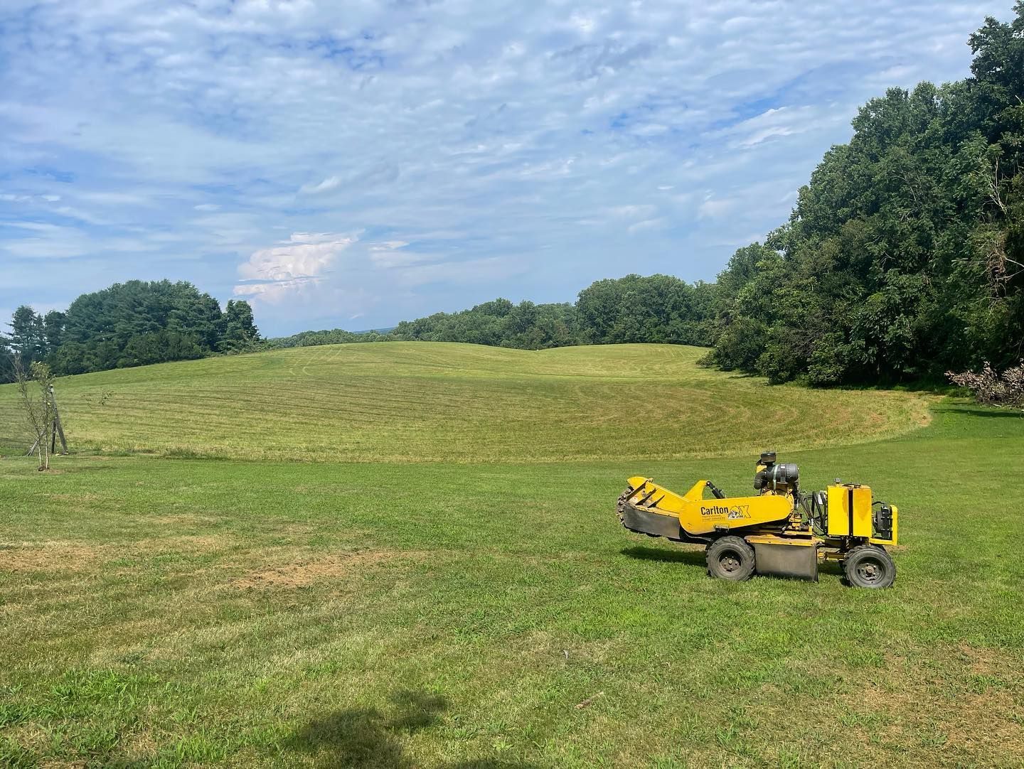 A yellow lawn mower is sitting in the middle of a grassy field.
