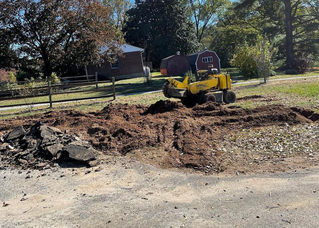 A yellow tractor is cutting a tree stump in a yard.