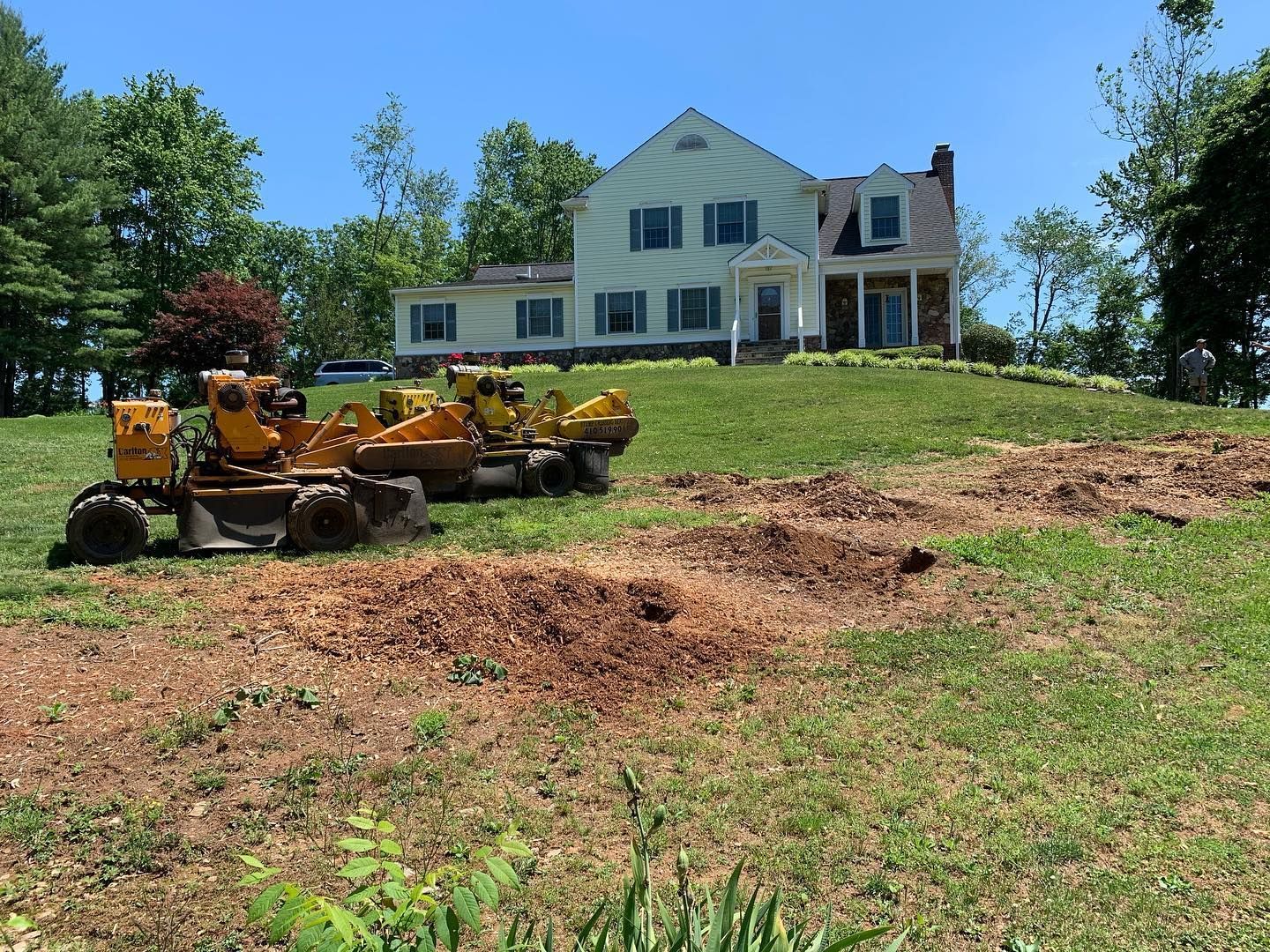 A yellow stump grinder is cutting down a tree in front of a building.