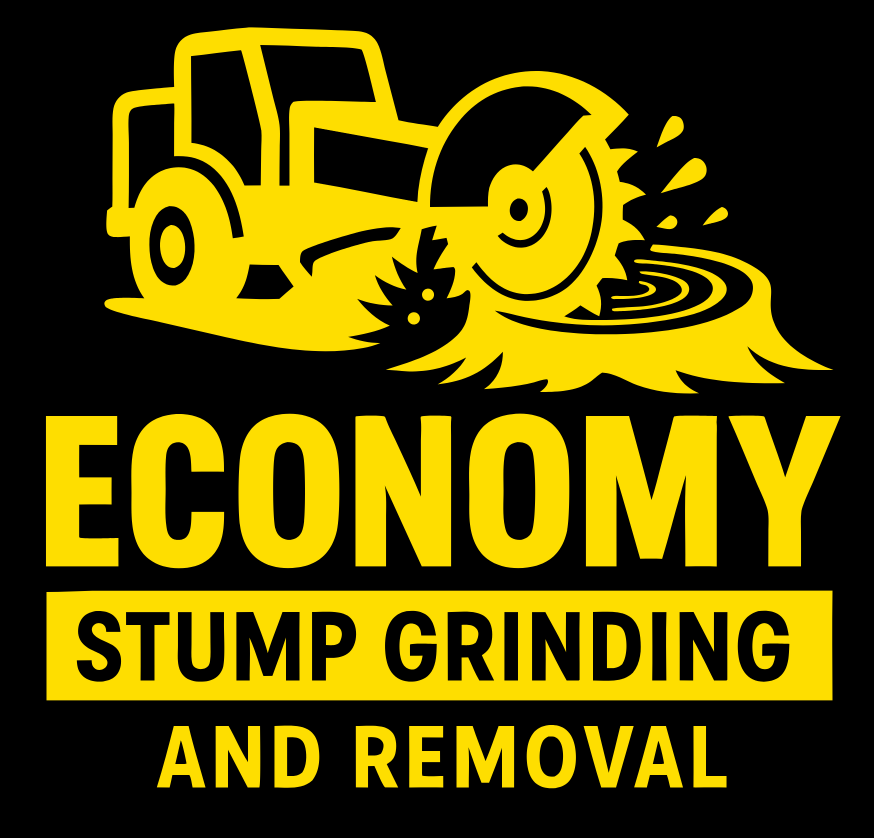 A yellow logo for economy stump grinding and removal