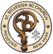 St. Sylvester RC Church Medford, New York circular logo with gold cross and ornate centerpiece