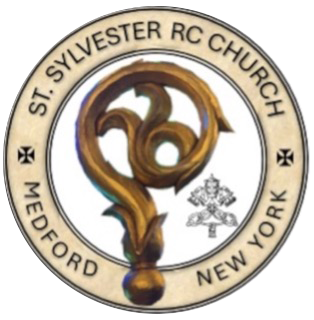 St. Sylvester RC Church Medford, New York circular logo with gold cross and ornate centerpiece