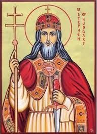 Icon of St. Stephen of Hungary holding a cross and orb, wearing a red robe and crown