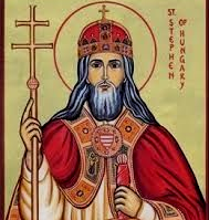 Icon of Saint Stephen of Hungary in red robes, holding a cross and orb, with a crown and halo.