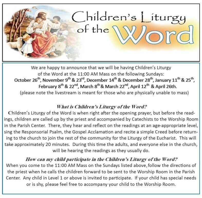 Flyer announcing Children’s Liturgy of the Word dates with a biblical illustration and church contact details.