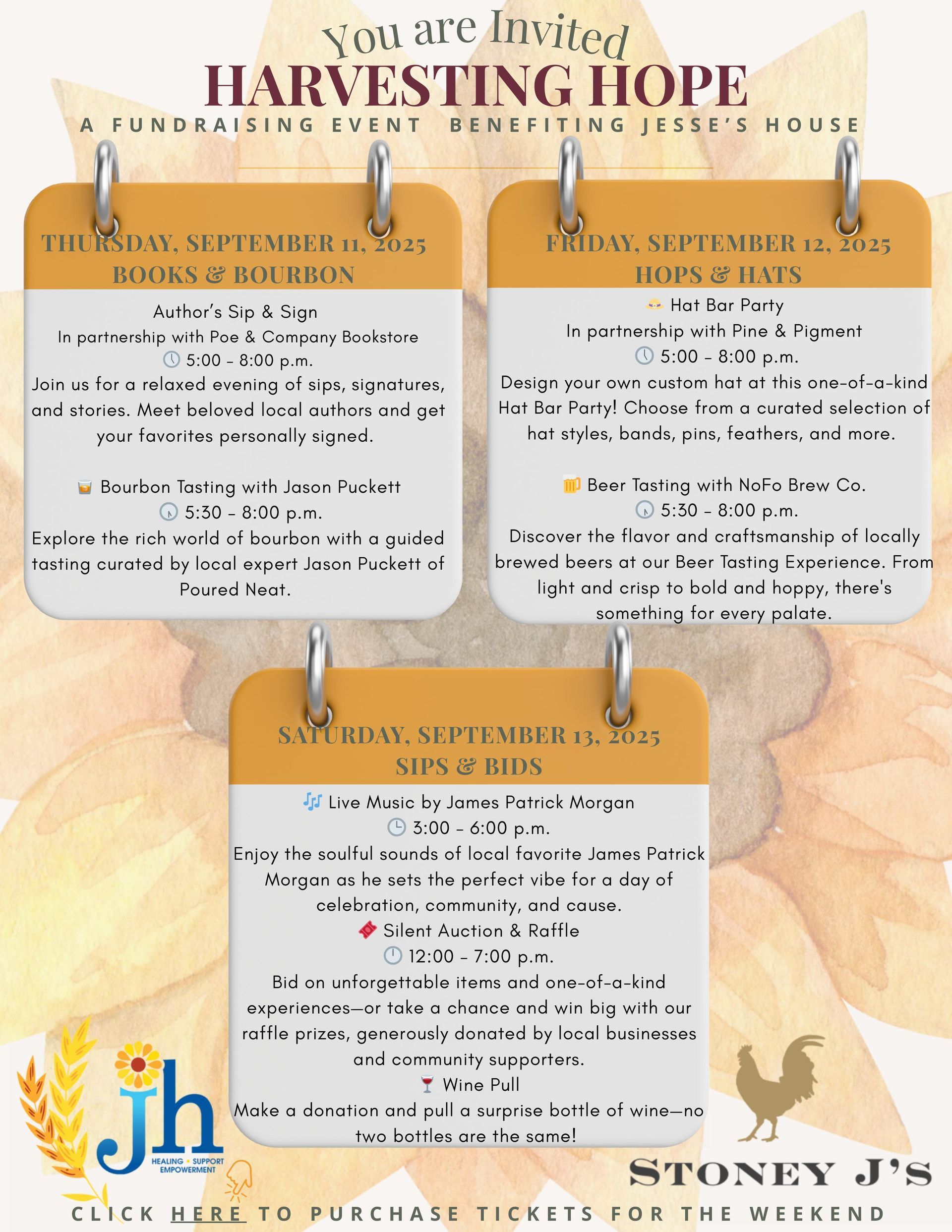 A flyer for a harvesting hope event is hanging on a wall.
