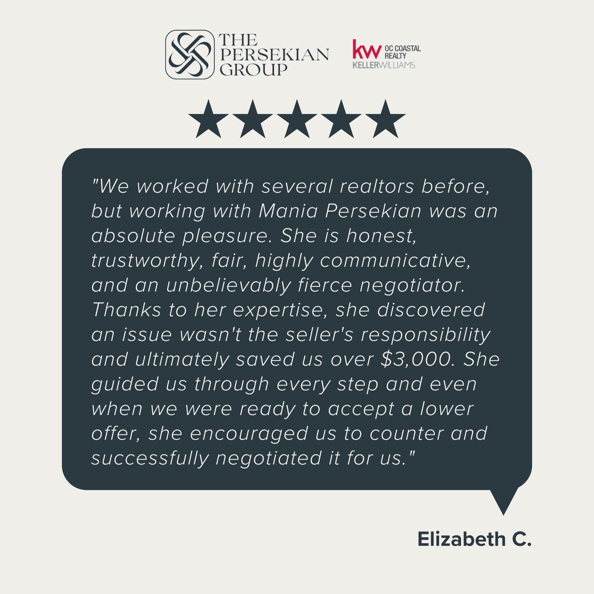 5-star Zillow review for best realtor Mania Persekian, REALTOR from Elizabeth C.
