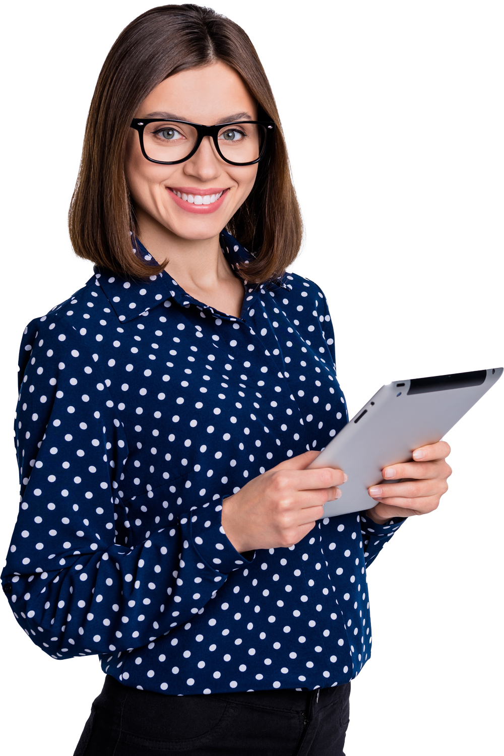 a woman wearing glasses and a blue polka dot shirt is holding a tablet computer