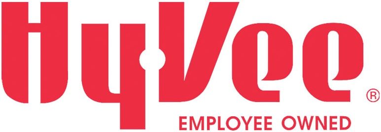 The logo for hyvee is red and says employee owned