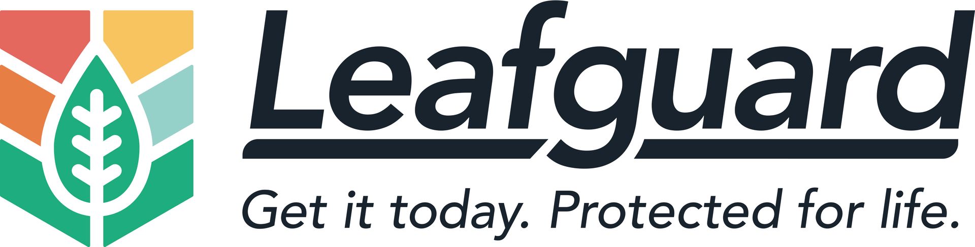 The logo for leafguard says get it today . protected for life.