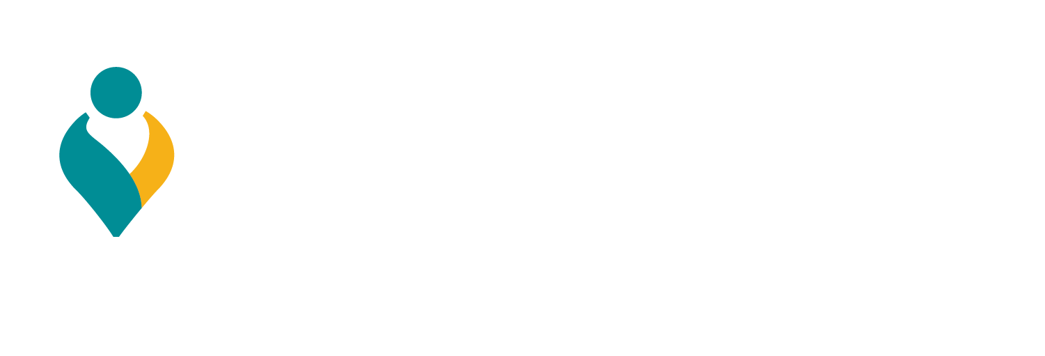 A blue and yellow logo of a person on a white background.