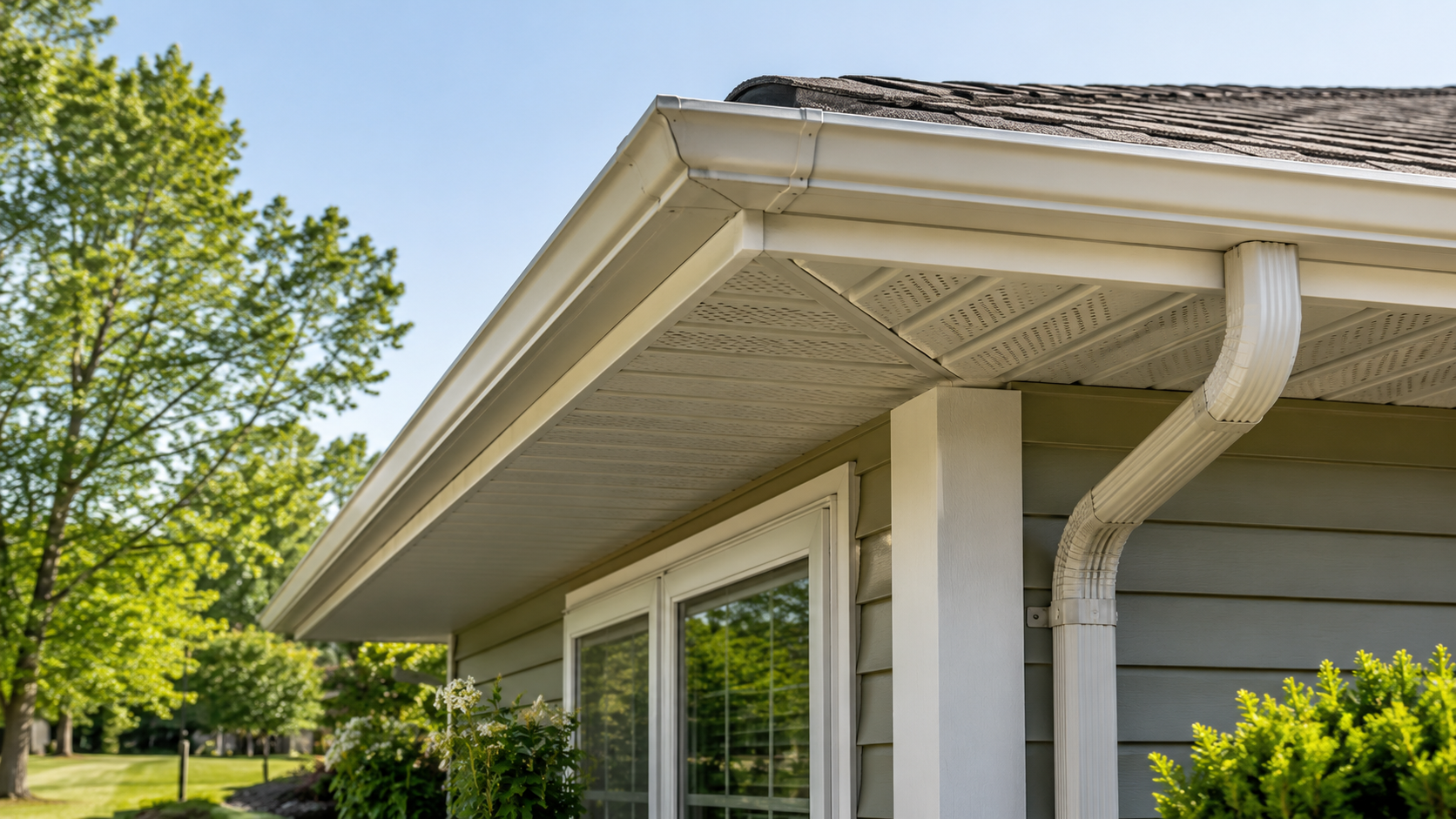 Close-up of vented soffit and fascia on a residential roofline with gutter system in summer