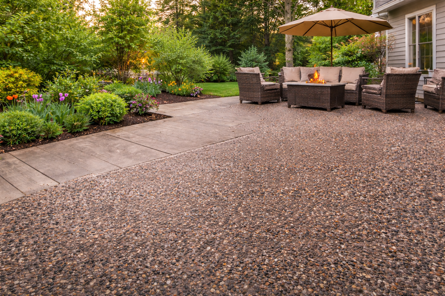 Textured exposed aggregate concrete patio and broom-finished walkway in a landscaped backyard with o