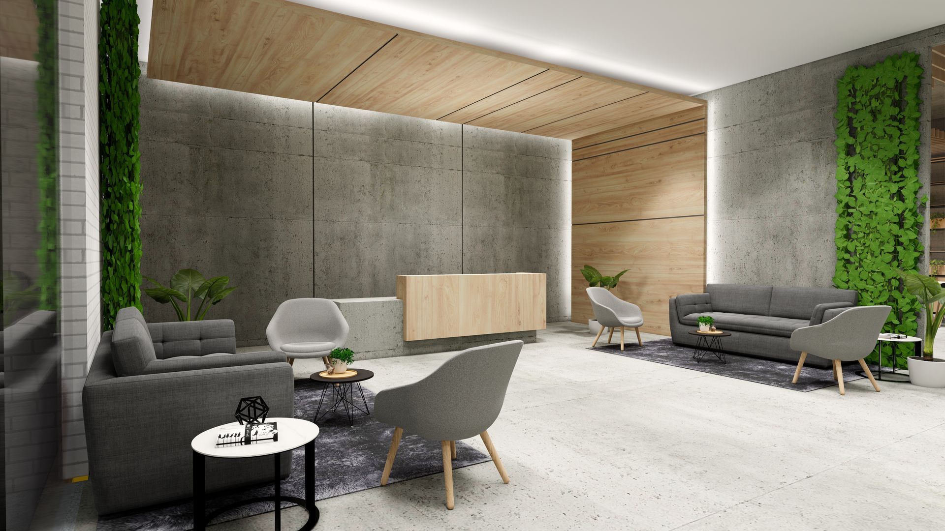 Modern waiting area with concrete walls, gray furniture, wood accents, and vertical gardens.