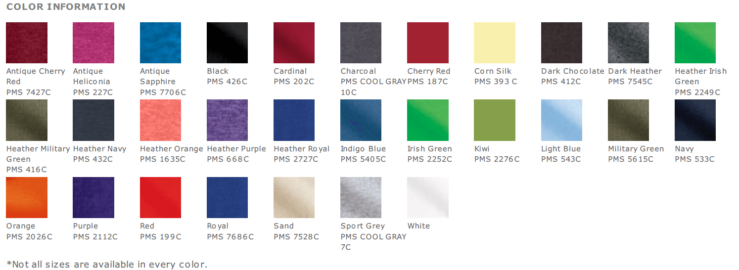 Color palette displaying various colors and names.