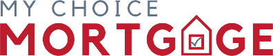 Logo for My Choice Mortgage with text in blue and red, featuring a house icon with a checkmark replacing the letter A.