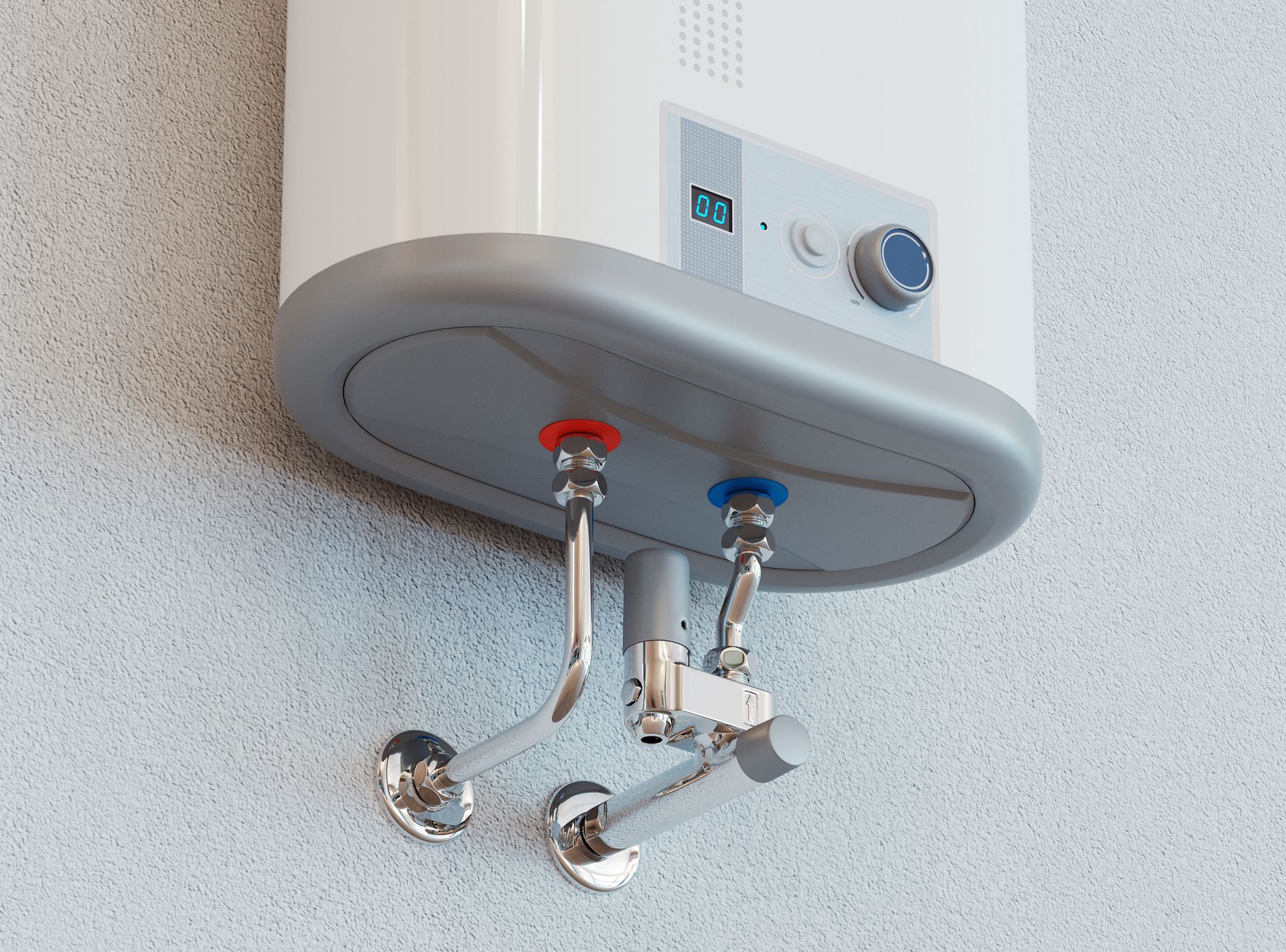White and grey wall-mounted water heater with red and blue water pipes attached.