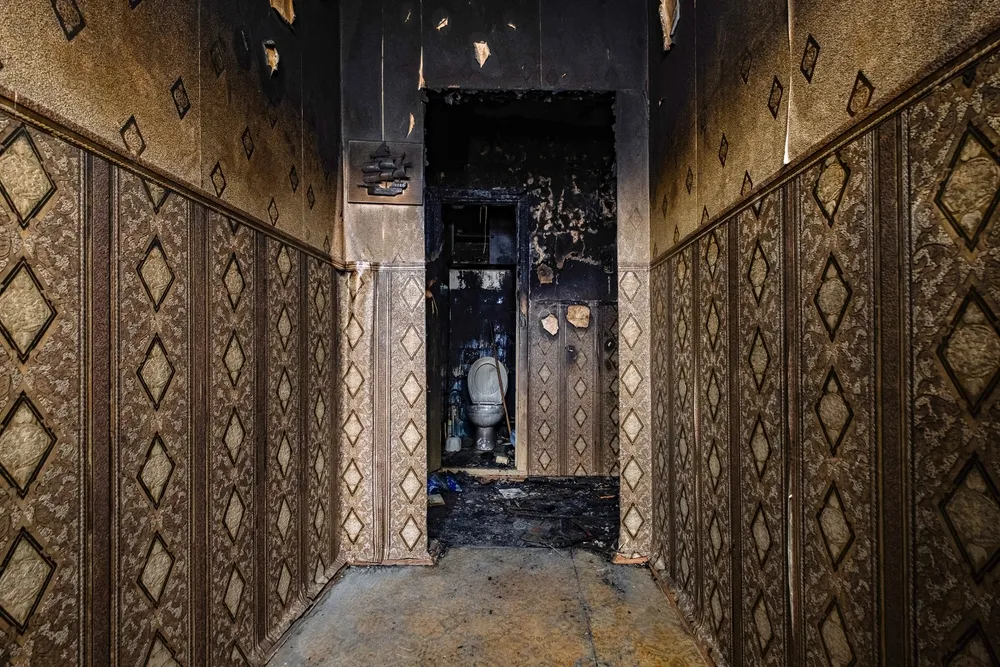 a dark hallway with a statue in the middle of it  that has suffered fire damage