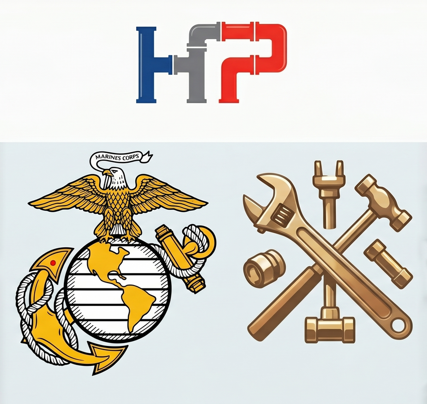 Top: blue and red pipe logo. Bottom: U.S. Marine Corps emblem and crossed tools symbol.