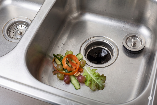 Vegetable scraps in a stainless steel kitchen sink beside the drain.