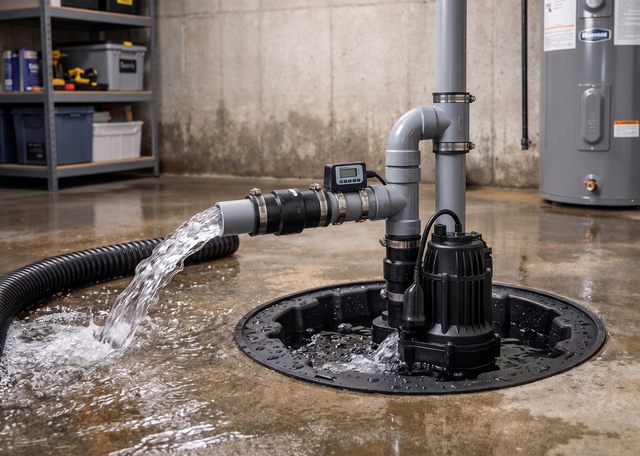 Basement sump pump draining water through a hose onto a wet concrete floor