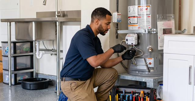 Technician inspecting HVAC unit in a utility room, with tools and storage shelves nearby