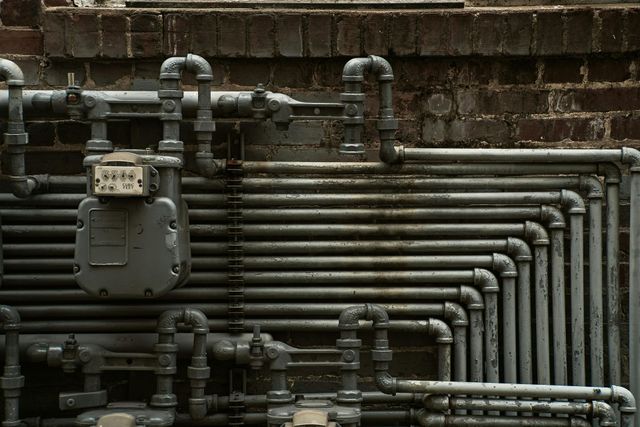 Industrial pipes and valves against a brick wall, arranged in a dense grid.