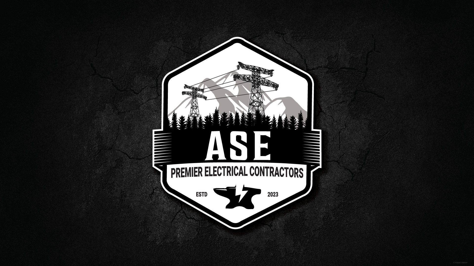 Logo: ASE Premier Electrical Contractors with mountains, power lines, and an anvil.