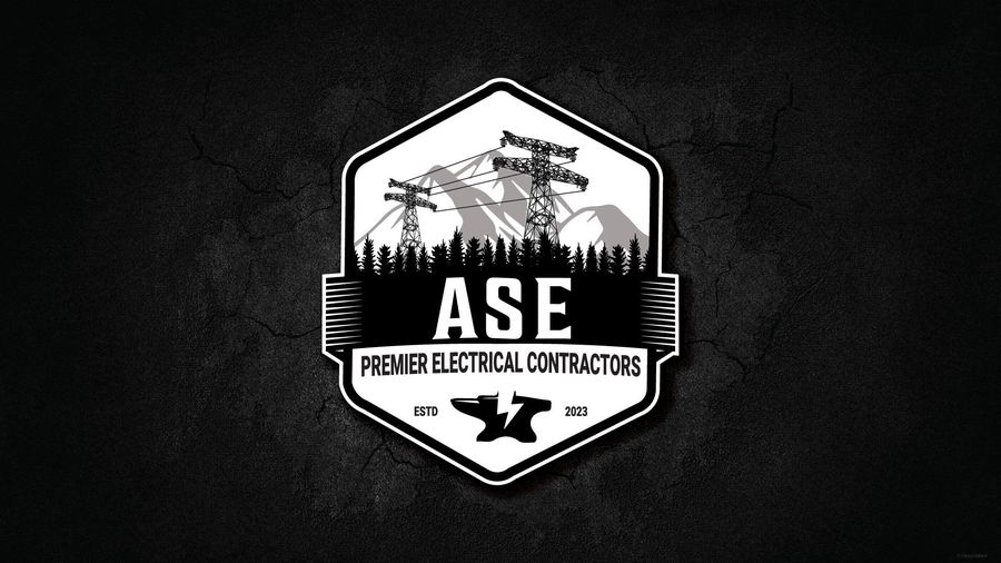Logo for ASE Premier Electrical Contractors: mountain scene, electrical lines, ASE initials, hammer, black and white.