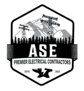 Logo for ASE Premier Electrical Contractors: mountains, power lines, trees, and an anvil with a lightning bolt.