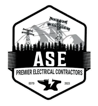 Logo for ASE Premier Electrical Contractors: mountains, power lines, trees, and an anvil with a lightning bolt.
