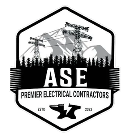 Logo for ASE Premier Electrical Contractors: mountains, power lines, trees, and an anvil with a lightning bolt.