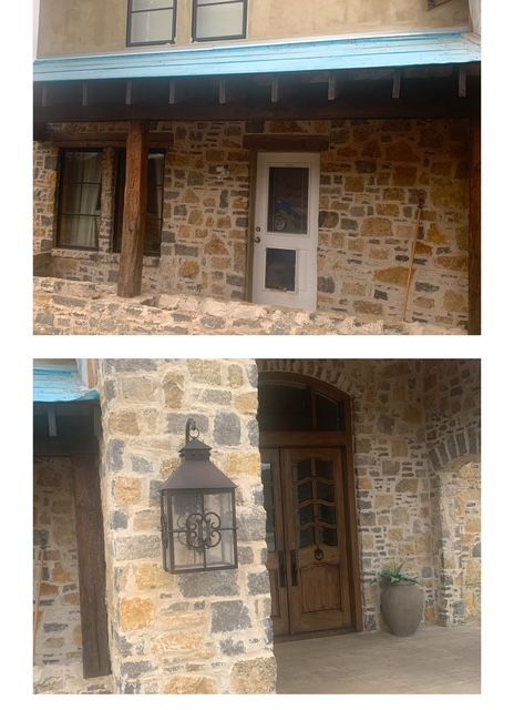 A before and after picture of a stone house with a wooden door.